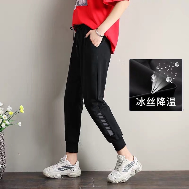 HIGH QUALITY Ice Silk Women Drawstring Sports Jogger Pants Loose Striped  Long Pants 3/4 Calf-length Pant