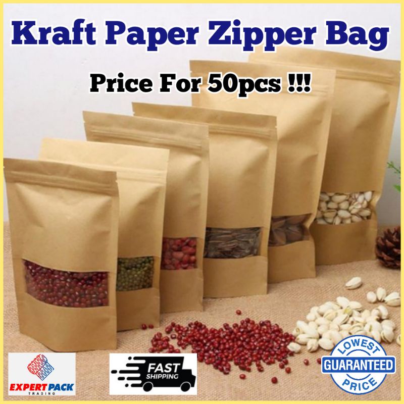 KRAFT PAPER ZIPPER BAG WITH WINDOW (50pcs), AirTight Zip,Lock Bags ...