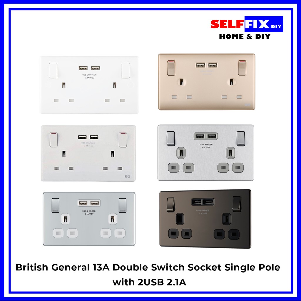 British General BG SlimLine 13A Electrical Double Switch Power Socket Outlet Single Pole with