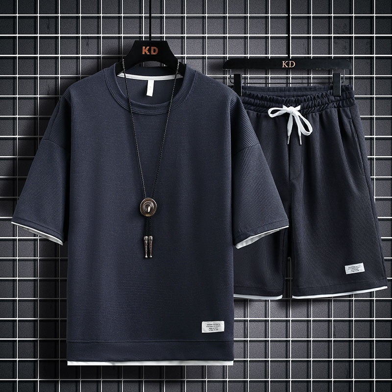Waffle Summer Sports Suit Men Versatile Loose Plus Fat Extra Large Breathable T-Shirt Shorts Casual Men's Trendy