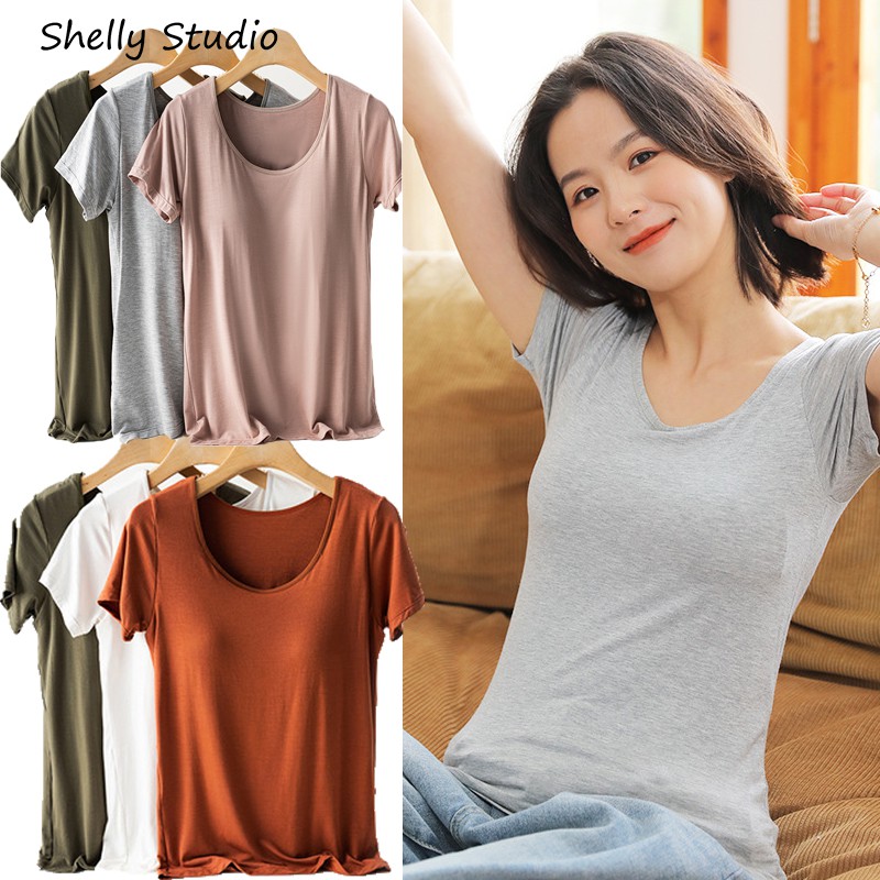 READY STOCK Women's Summer Short Sleeve T-shirt with Bra Cup Sports T-shirt 现货 带胸垫免穿内衣短袖T恤居家服