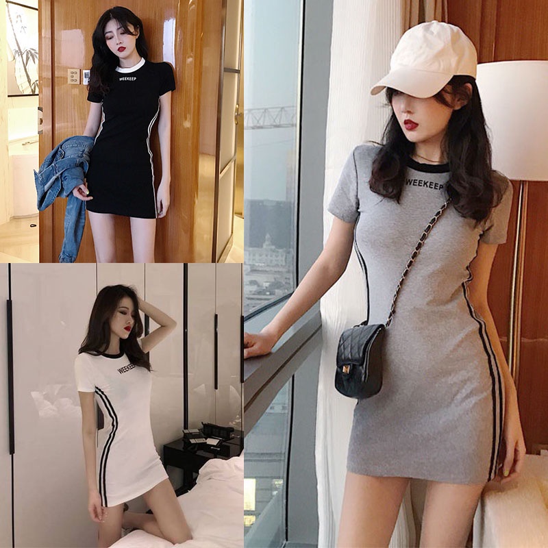 Sexy Women Letter Printed Short Sleeve Bodycon Dress Stripe Mini Dress