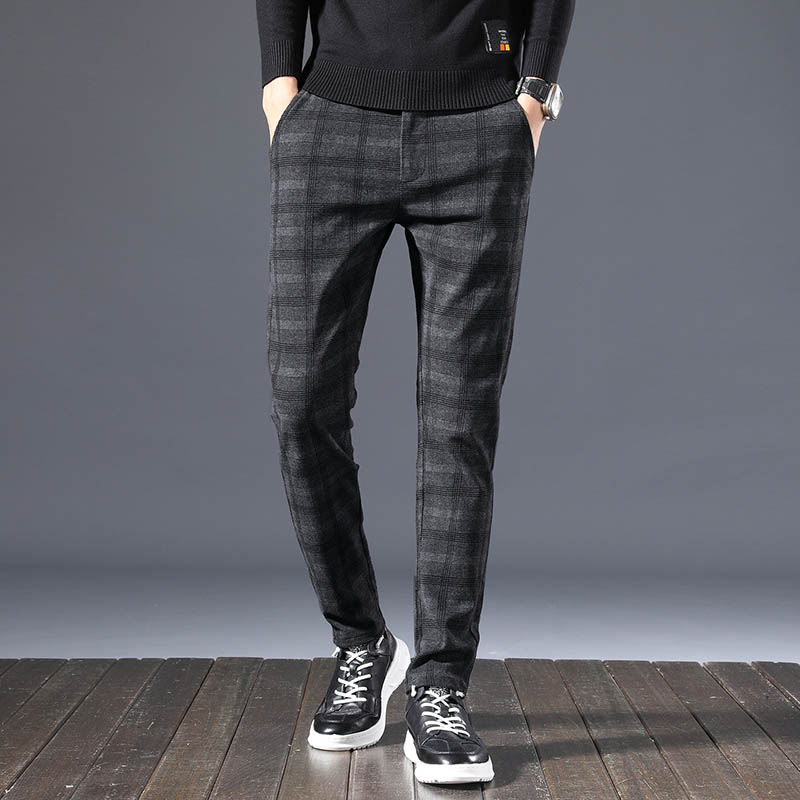 Plaid Men Casual Pants Slim Fit Long Trousers Cheched Black Grey Blue Size  High Quality