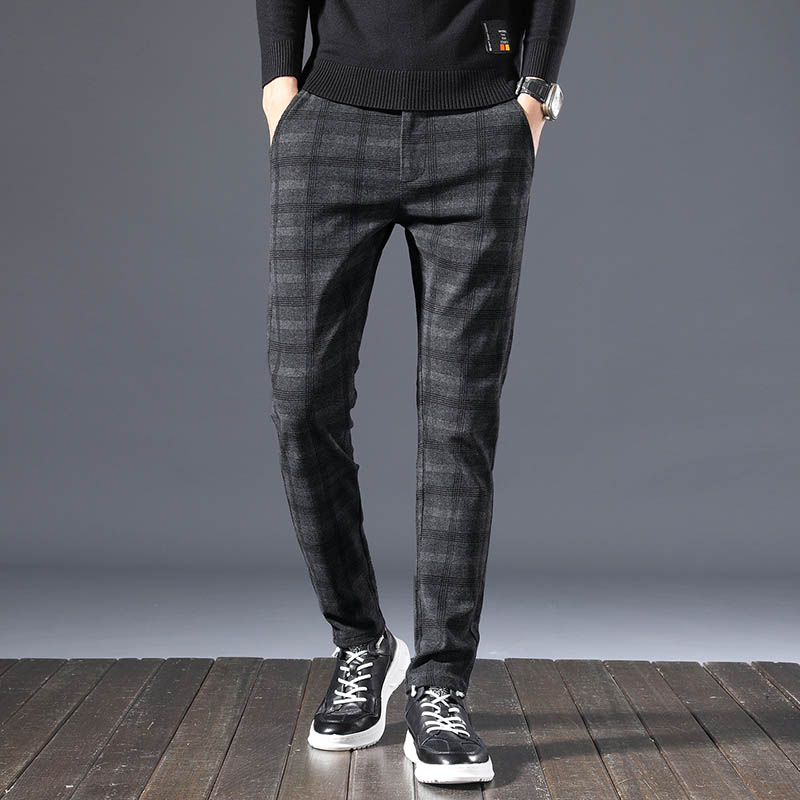 Plaid Men Casual Pants Slim Fit Long Trousers Cheched Black Grey