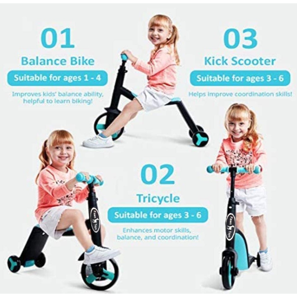 3in1 Kids Scooter/Balance Bike/Tricycle Indoor/Outdoor Toddler Ride