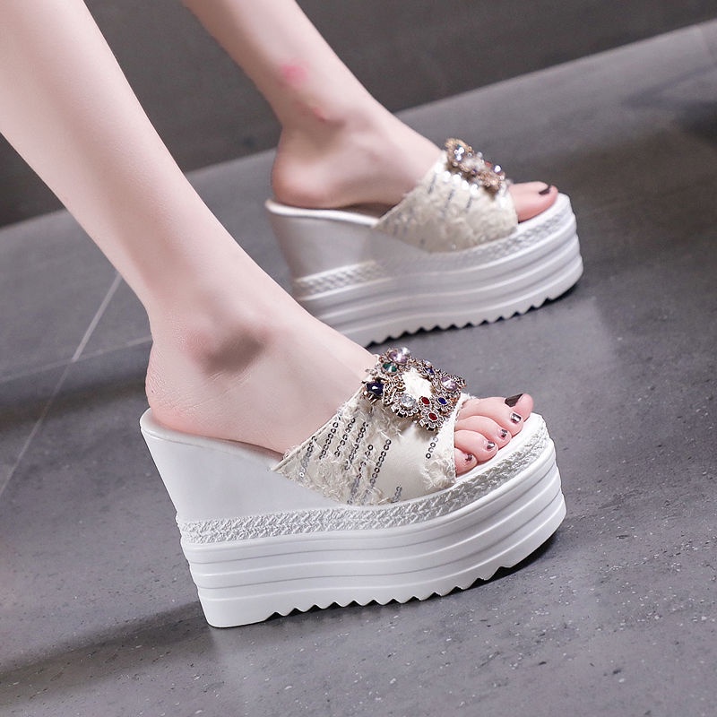 Thick soled super high heeled inner increasing wedge slippers women s fashion fish mouth sandals Shopee Singapore