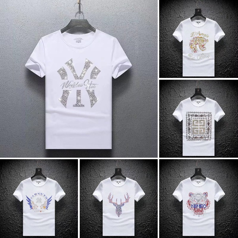 [M-5XL] Hot Rhinestone Short-Sleeved T-Shirt Men Women Summer American High Street Loose Couple Top Large Size Bottoming Shirt T @ Five-Point Sleeve Men's Short Yi Shangpai Clothing