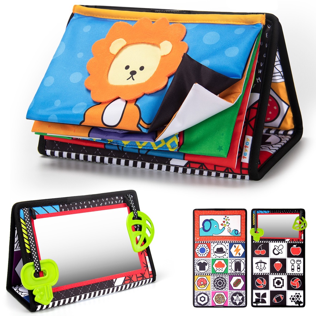 teytoy Tummy Time Floor Mirror with Crinkle Cloth Book and Teethers, High Contrast Black and White Baby Toys, Developmental Montessori Sensory Crawling Toy for Newborn Infant Gift