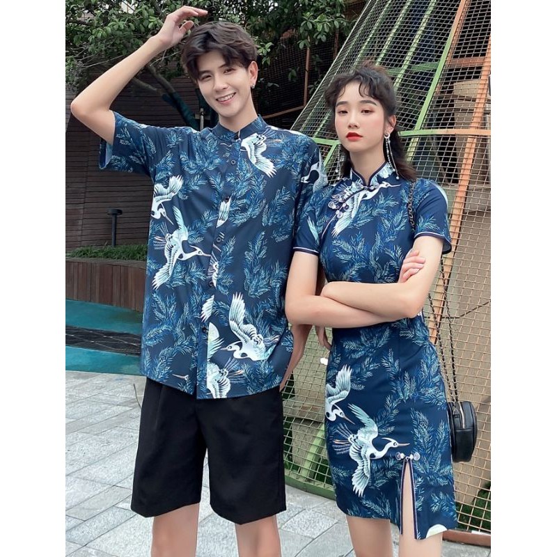 Crane Couple Wear CNY Shift Dress Cheongsam sum Qipao Top Shirt Men Loose mandarin collar half sleeved XL plus Matchy Shopee Singapore