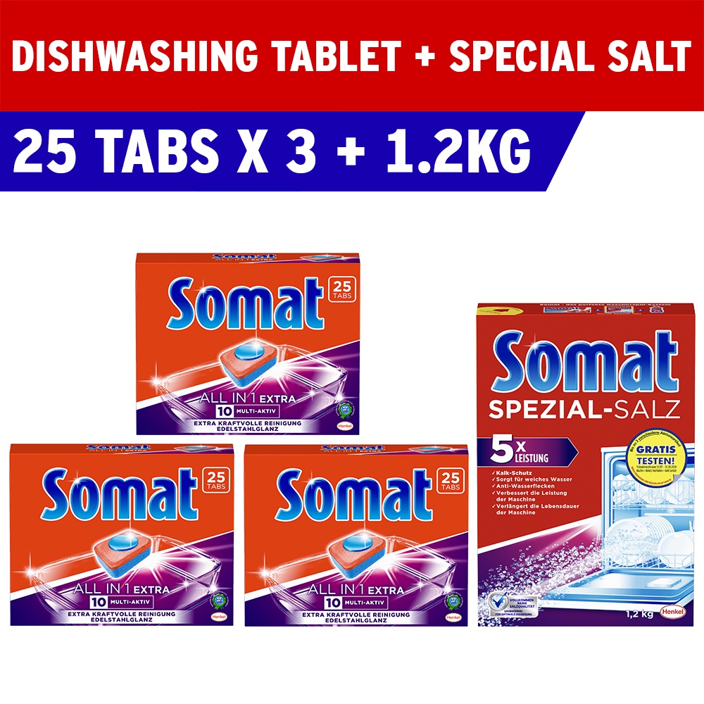 [Bundle of 3+1] Somat MultiAction Allin1 Extra Dishwasher Tablets, 25ct x 3 + Dishwasher