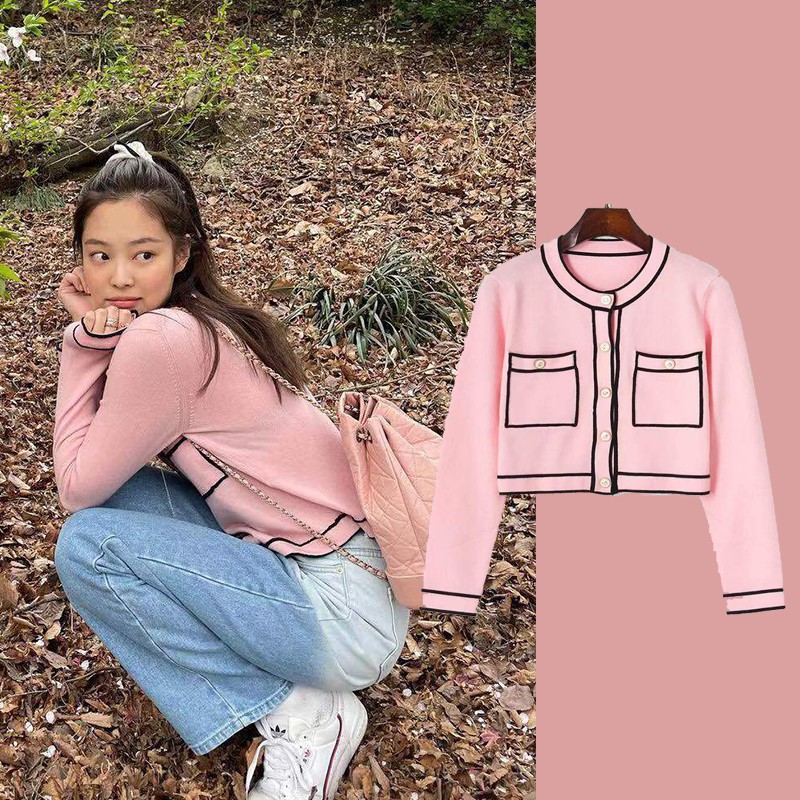 blackpink Jennie women cute retro pink long sleeve knit Cardigan Sweaters tops Shopee Singapore