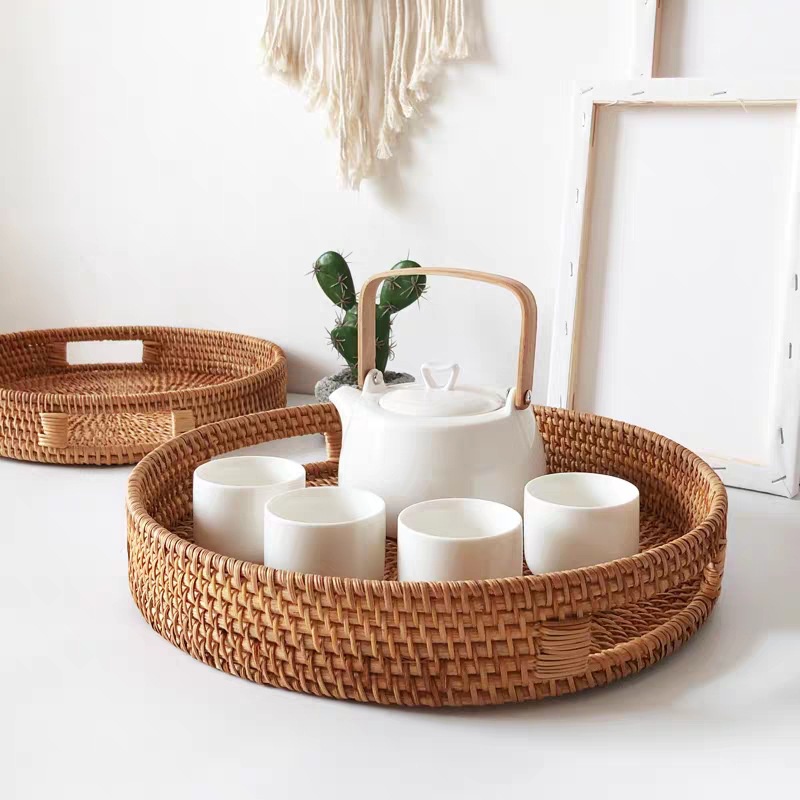 Singapore HandWoven Round Vietnam Wild Cane Rattan Serving Tray with