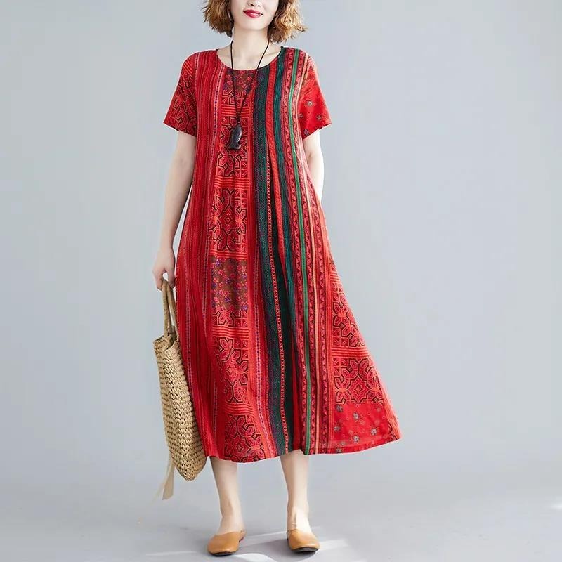 Women's Ethnic Style Large Size Long Dress Ice silk loose dress Middle ...