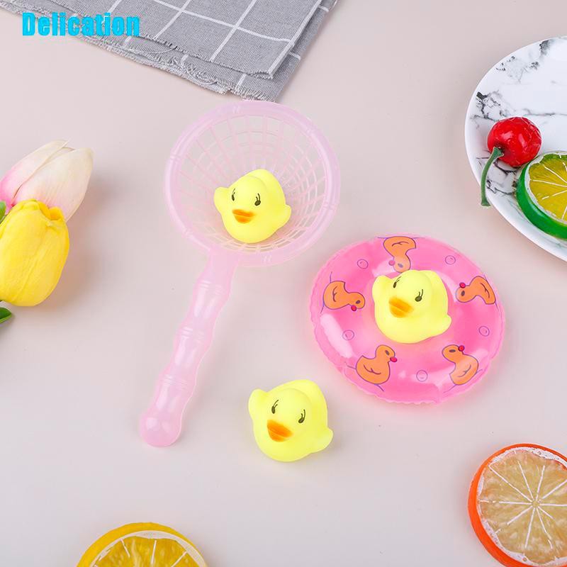 Delication- 5 Pcs/Set Mini Baby Children Bath Toys Cute Rubber Duck Fishing  Net Shower Games