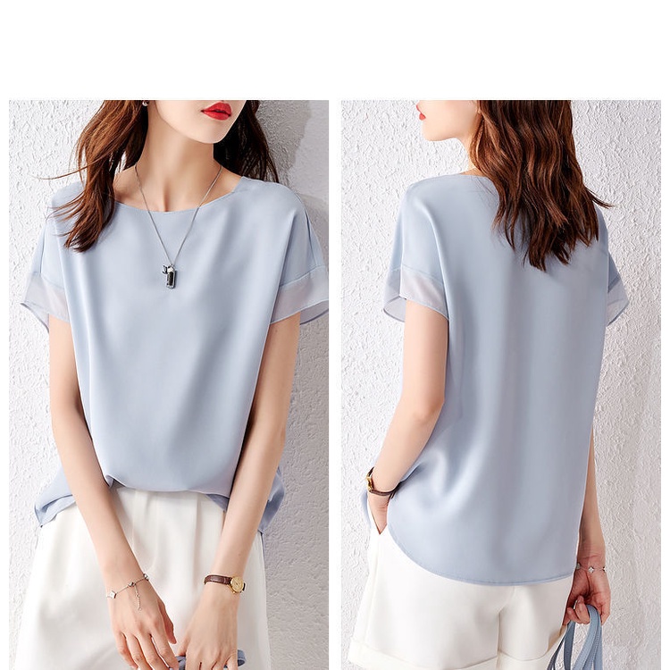 Women Loose Chiffon Short Sleeve Shirt Fashion Tops Solid O-neck Bat ...