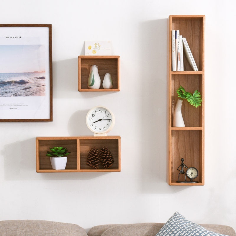 Solid wood wall rack Nordic simple bedroom wall hanging grid living room kitchen creative partition