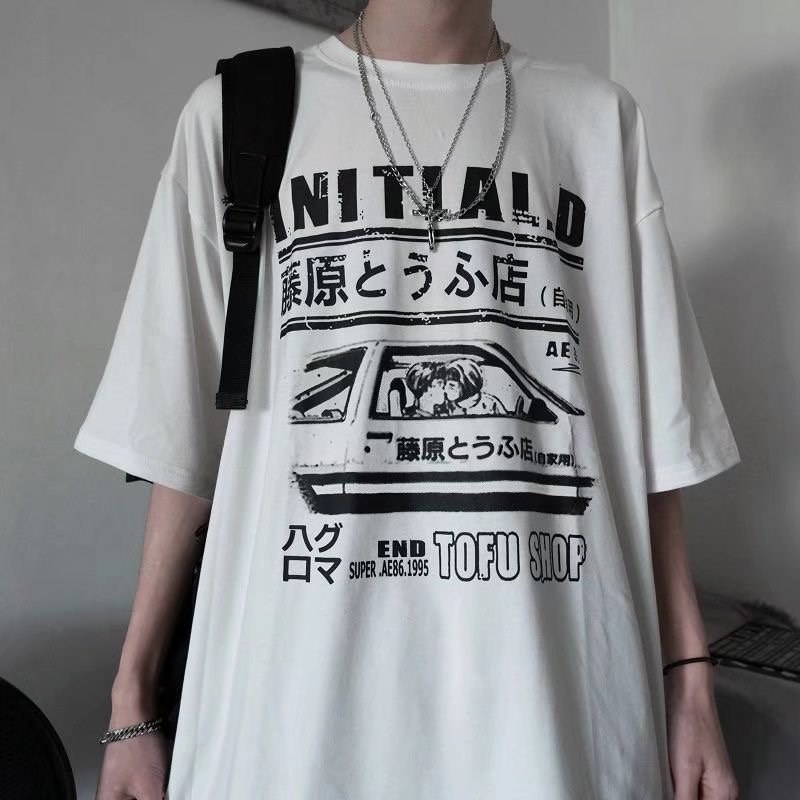 Summer Men's Short Sleeve T-Shirt Crewneck Oversized Shirt initial D Printed Fashion Korean Tops Plus Size Graphic Tees Trendy Streetwear Black White Clothing For Men