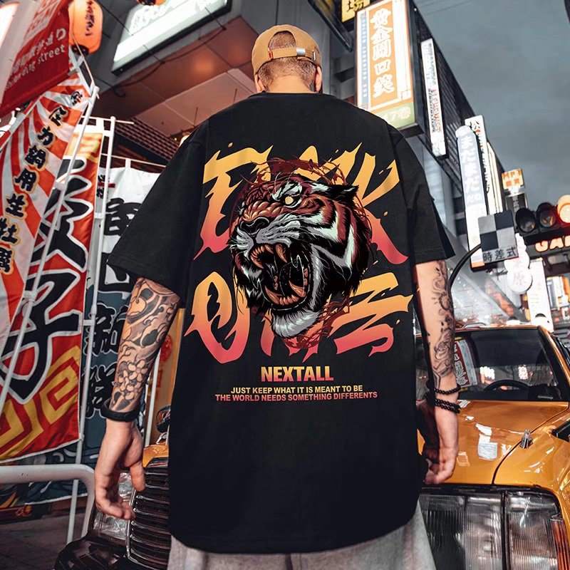 Korean Fashion Style Men's Short Sleeve T-shirt Tiger Roar Design Print Oversized Shirt For Man Casual Streetwear Oversize Tops Hip Hop Clothing