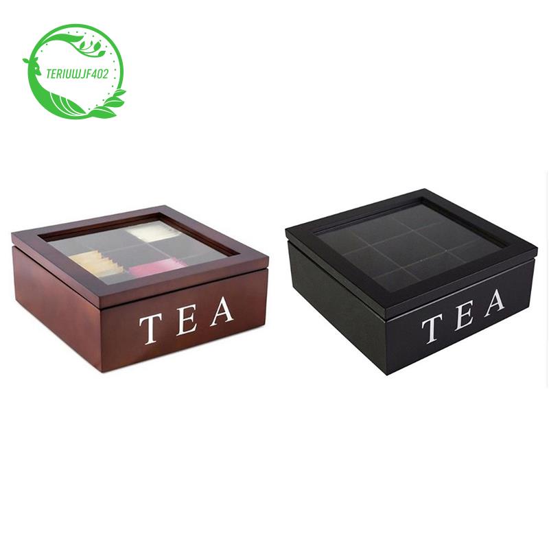 Wooden 9 Grids Tea Box Tea Bags Container Storage BoxRed Wine color