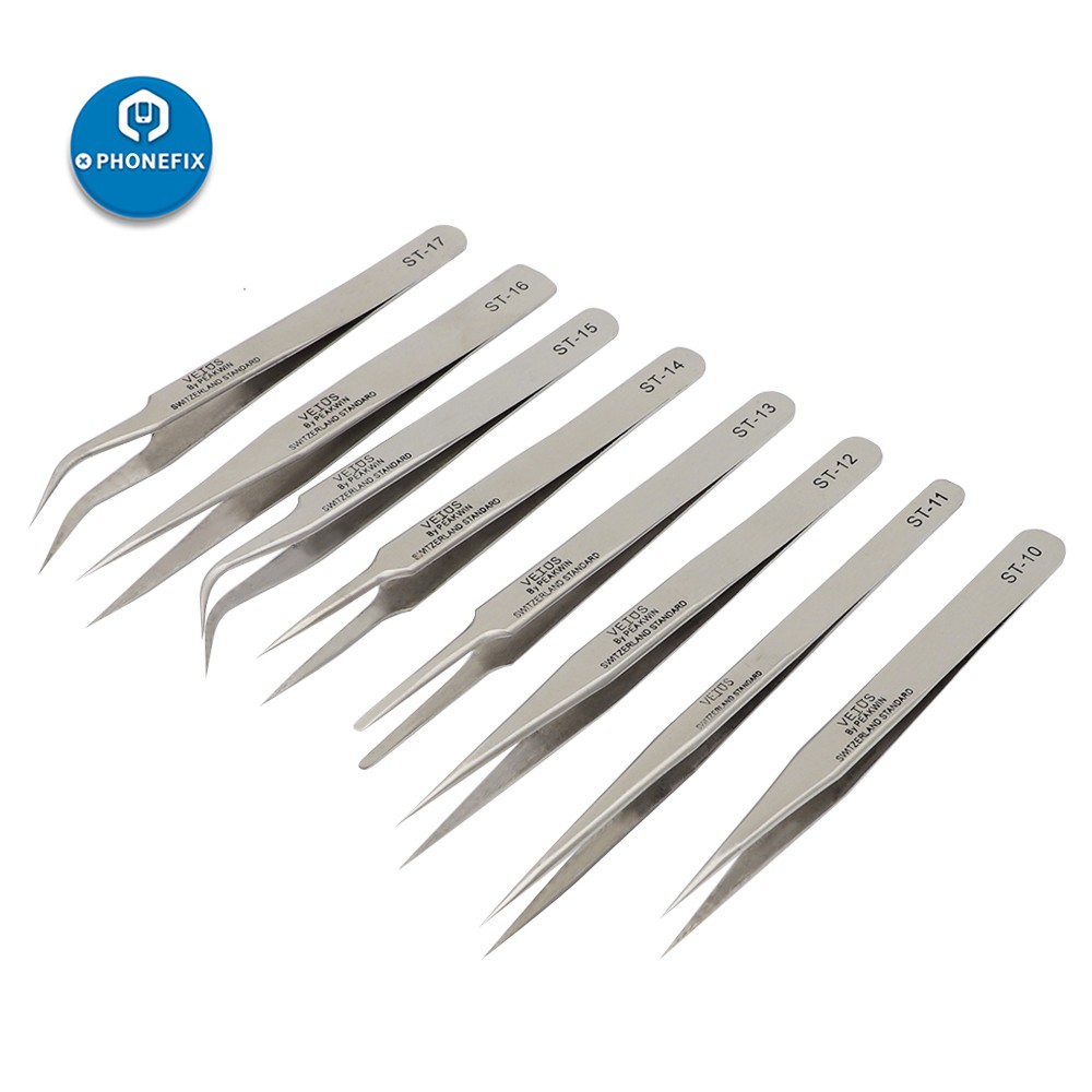 8 Kinds Antistatic Tweezers Electronics Stainless Steel Elbow Fine Tip
