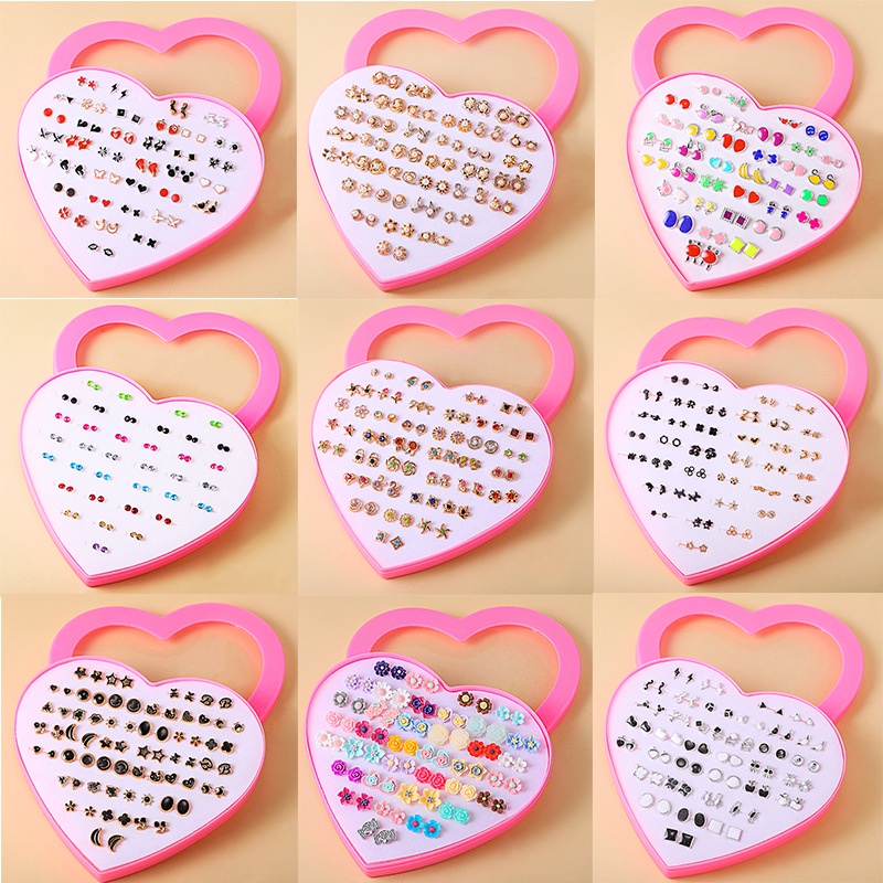 36Pairs Anting Plastic Hypoallergenic Diamond Earrings Set Love Box Women Jewelry