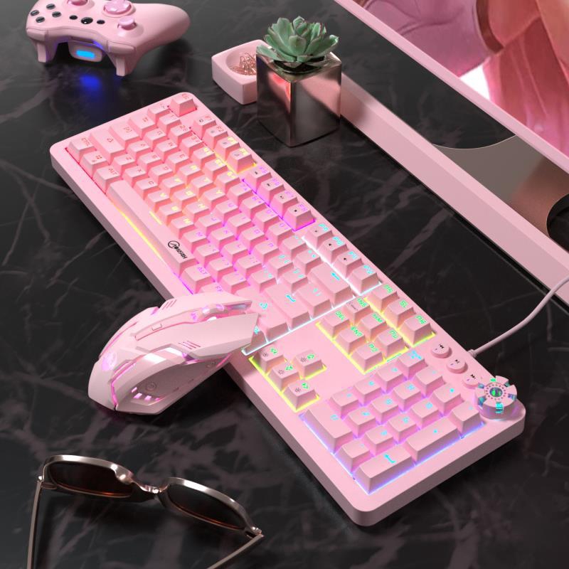 Pink Real Mechanical Game Keyboard and Mouse Set Backlight Green Axis