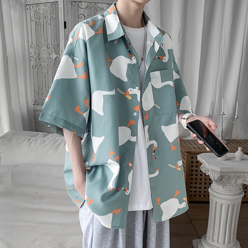 Korean Fashion Men Duck Print Short Sleeve Shirt Neutral Loose Half Sleeve Shirt Male Oversize Shirt Clothing Tops