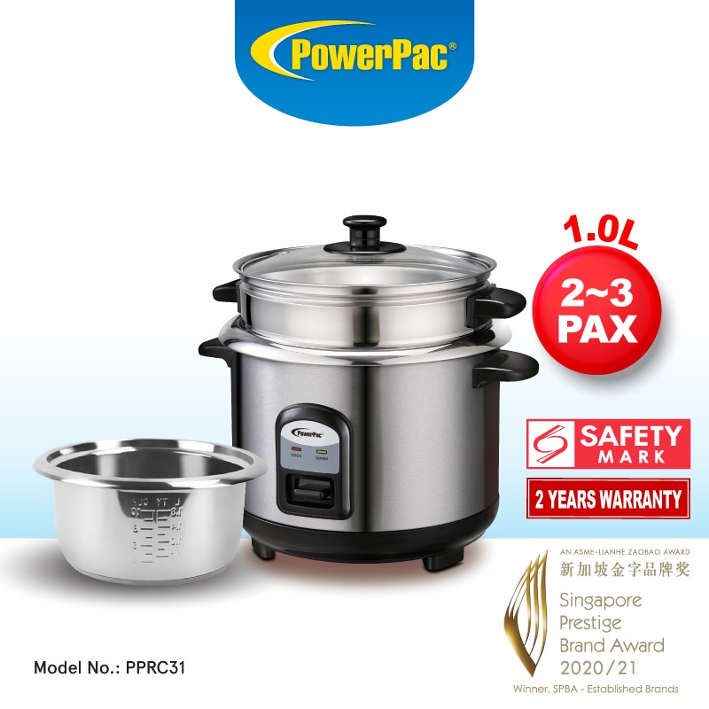 PowerPac Rice Cooker 1.0L Rice Cooker with Stainless Steel Pot and Food Steamer PPRC31 Shopee Singapore