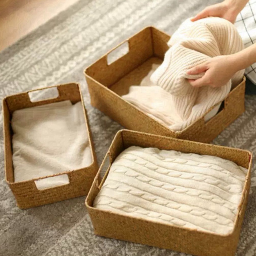Zerolife Seaweed Square Rectangular Wicker Basket Fabric Handle Table ...