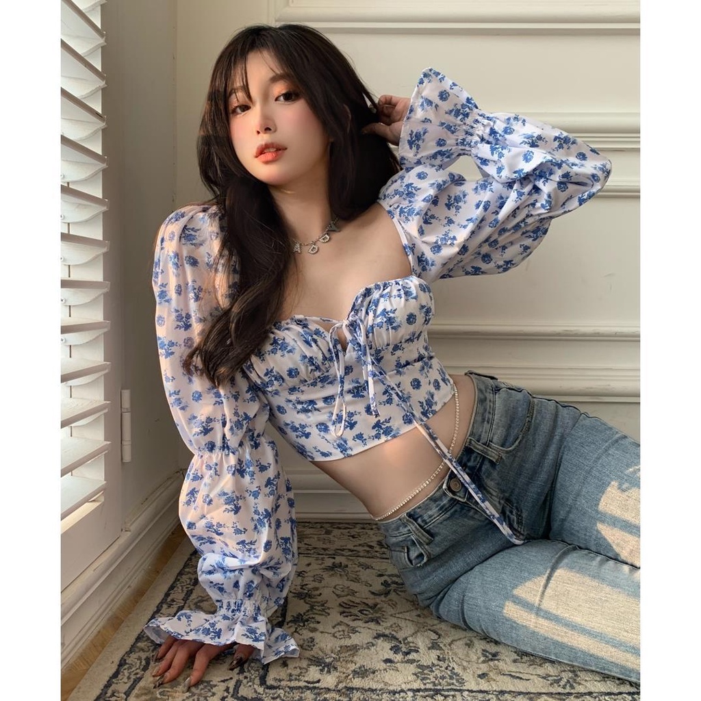 Floral Shirt French Style Square Collar Puff Sleeve Design Sense Niche Shirt Women's Clothing Short Summer Midriff-Baring Long Sleeve Top