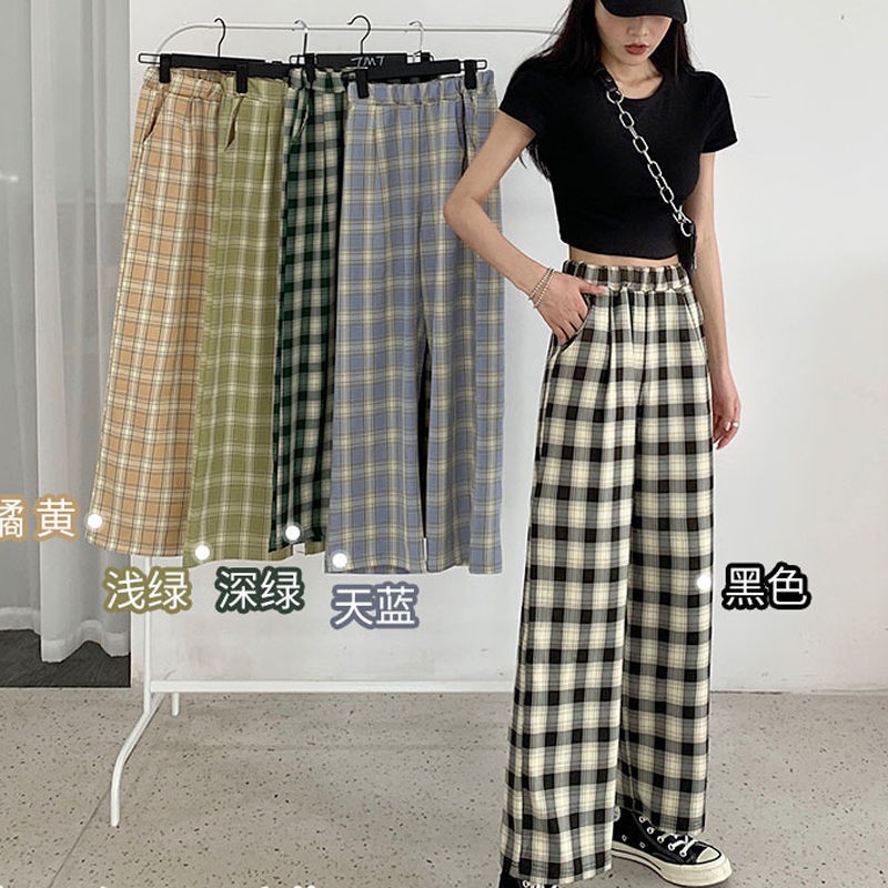 Women Summer Plaid Pants Casual Oversize Loose Wide Leg Trouser