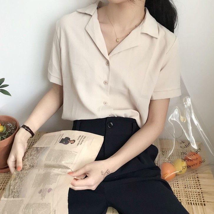 Korean Version Classy Chiffon Half-Sleeved Shirt Summer Solid Color Simple Top All-Match Loose V-Neck Girl Must-Have Girlfriends Women's Clothing Genu