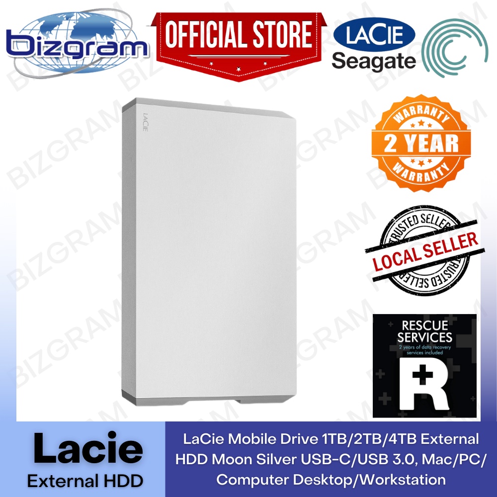 LaCie Mobile Drive 1TB/2TB/4TB External HDD Moon Silver USB-C/USB 3.0 ...