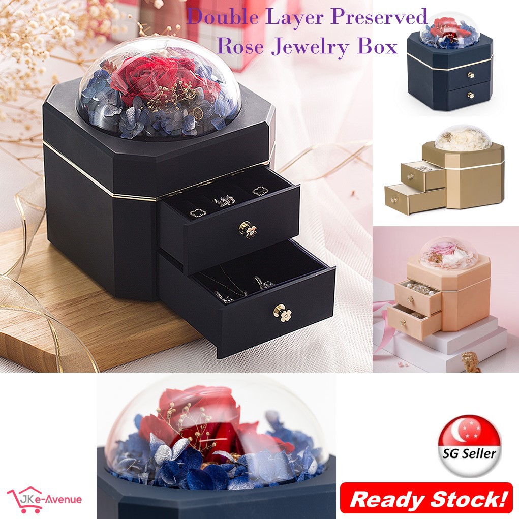 Preserved Flower Rose Jewellery Box Double Layer Jewelry Organiser ...