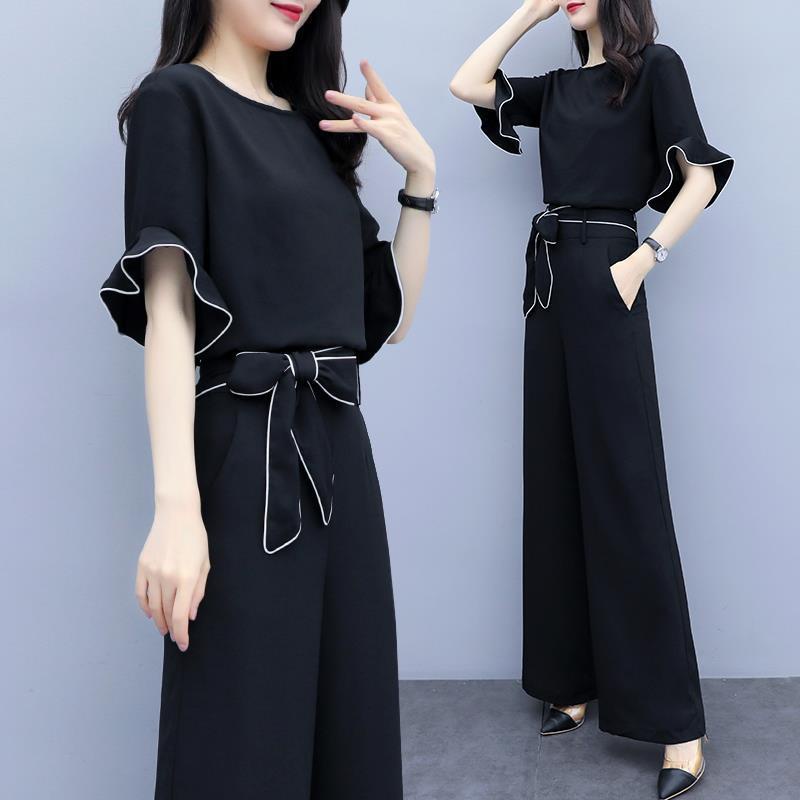 Summer 2022 New Fashion Casual Suit Loose Blouse O Neck Tops + Big Leg Pants Sets Plus Size Office Lady Clothing Set M-4XL