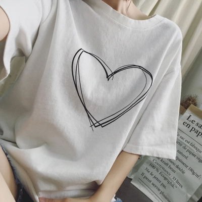 Ready Stock Women Printed Top Tees Girl Oversized Sportswear White Shirt Shorts-Sleeved Clothing