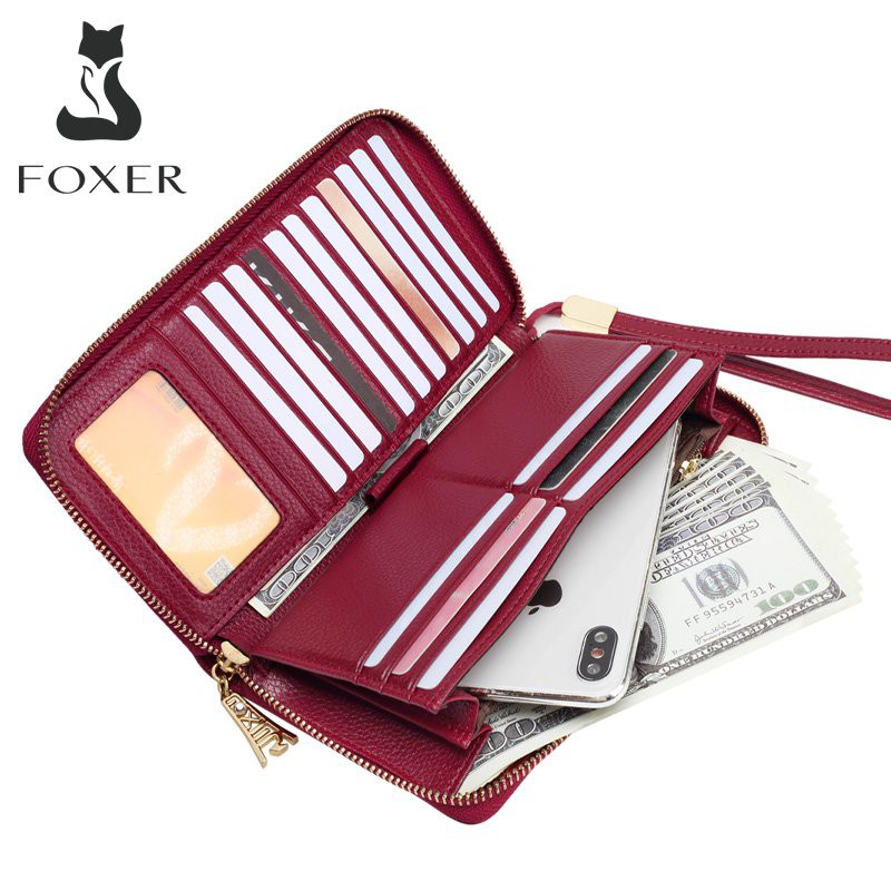 Foxer Hight Quality Cow leather Women's Long Zipper Clutch Wallets