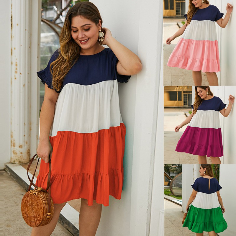 Women's Round neck Short Sleeve Plus Size Long Skirt With Loose