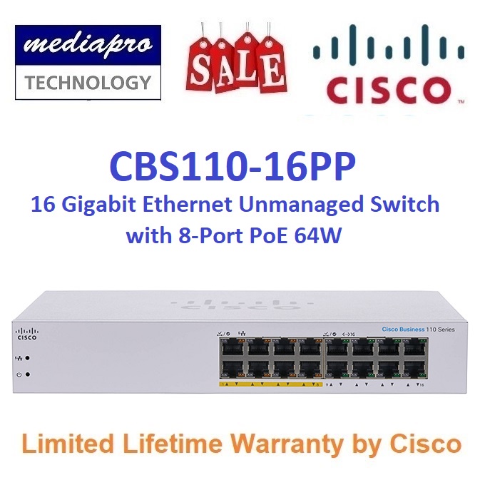 Cisco Business Cbs110 16pp 16 Ports Gigabit Unmanaged Switch With 8 Ports Poe 64w Cbs110