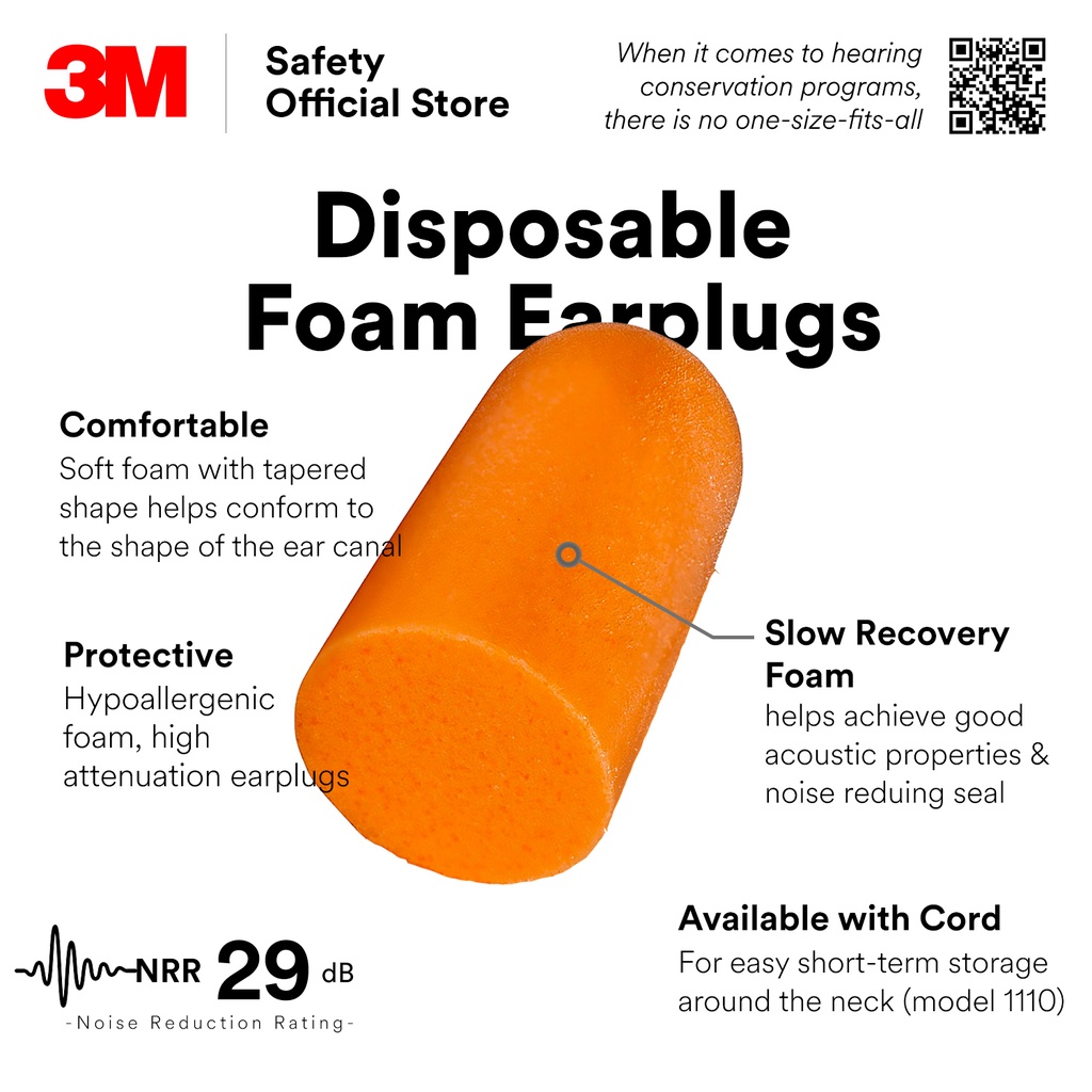 3M 1100 Ear Plugs, Uncorded, 37 dB Noise Rating, PU Foam, Orange