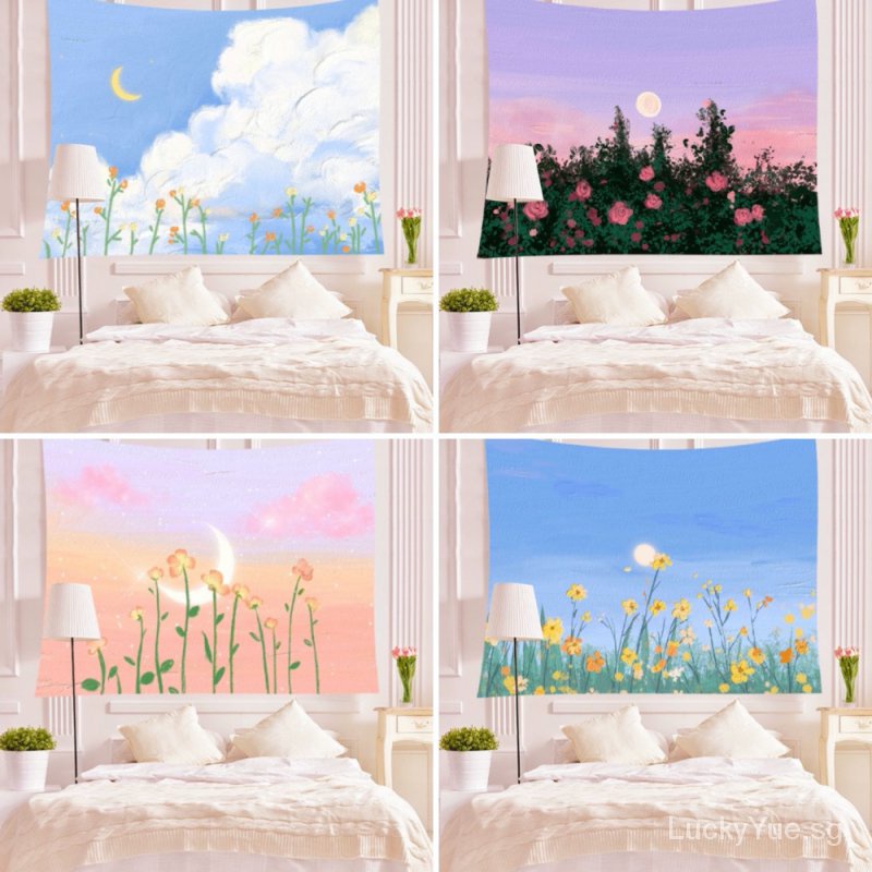 【Ready Stock】Ins Painted Oil Painting Tapestry Blue Sky Girl Bedside Bedroom Background Wall Cloth Wall Decoration