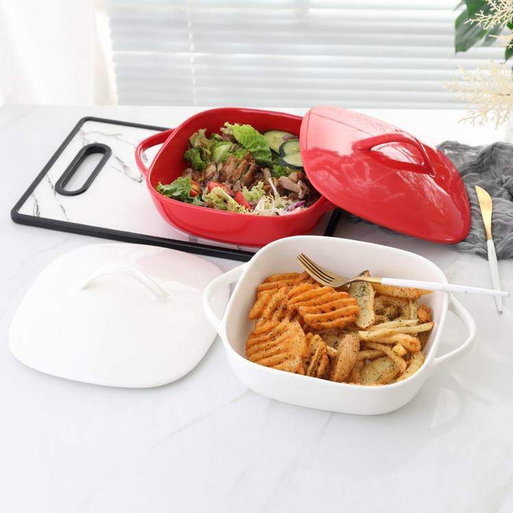 Microwave oven safe ceramic baking plate with cover porcelain family