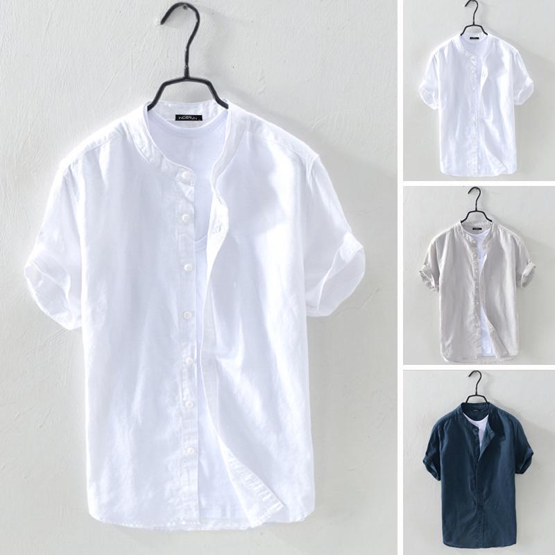 Mens Short Sleeve Linen Casual Breathable Soft V-Neck Shirt