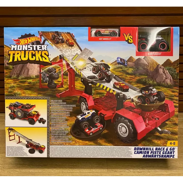 Hot wheels monster trucks downhill race & go store playset