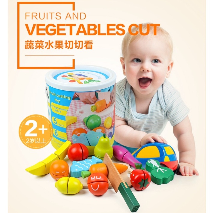 [SG Stock] Wooden Fruit Vegetables Chopping Kitchen Toys Velcro Pretend