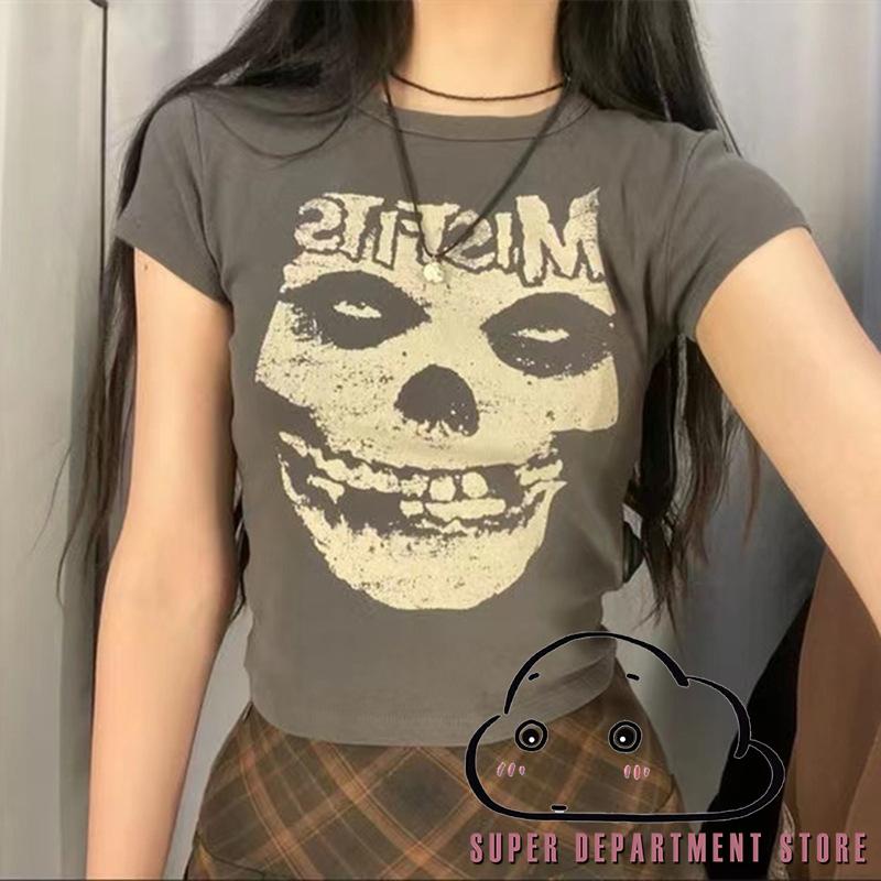❀JN❀y2k Women Short Sleeve Tops with Skull Letter Print Vintage Goth Crew Neck Summer Clothing