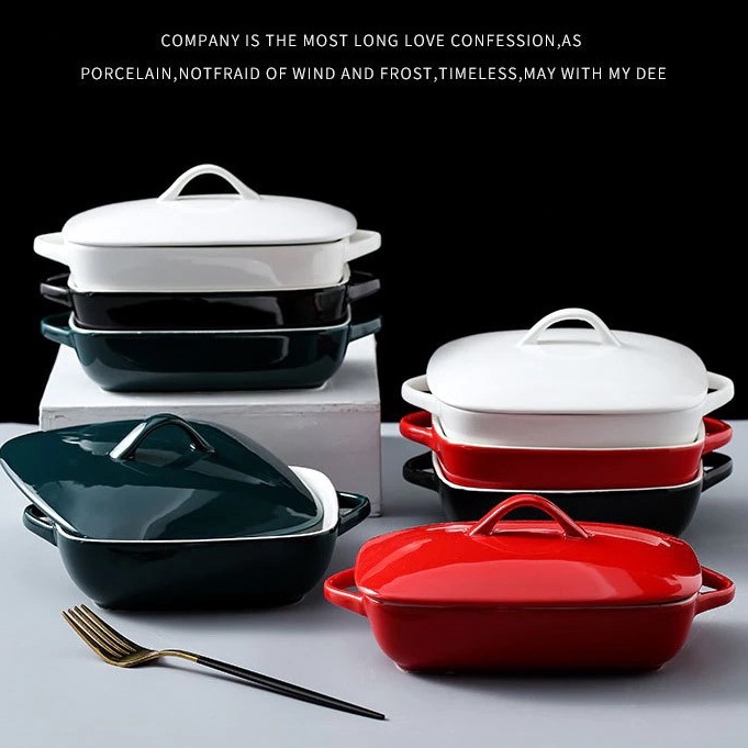 Microwave oven safe ceramic baking plate with cover porcelain family