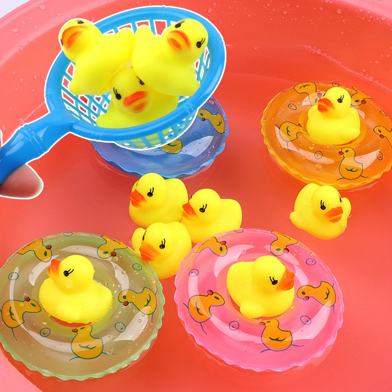SEASUN TOYS Floating Bath Toys Mini Swimming Rings Rubber Yellow Ducks Fishing  Net Washing Swimming Toddler Toys