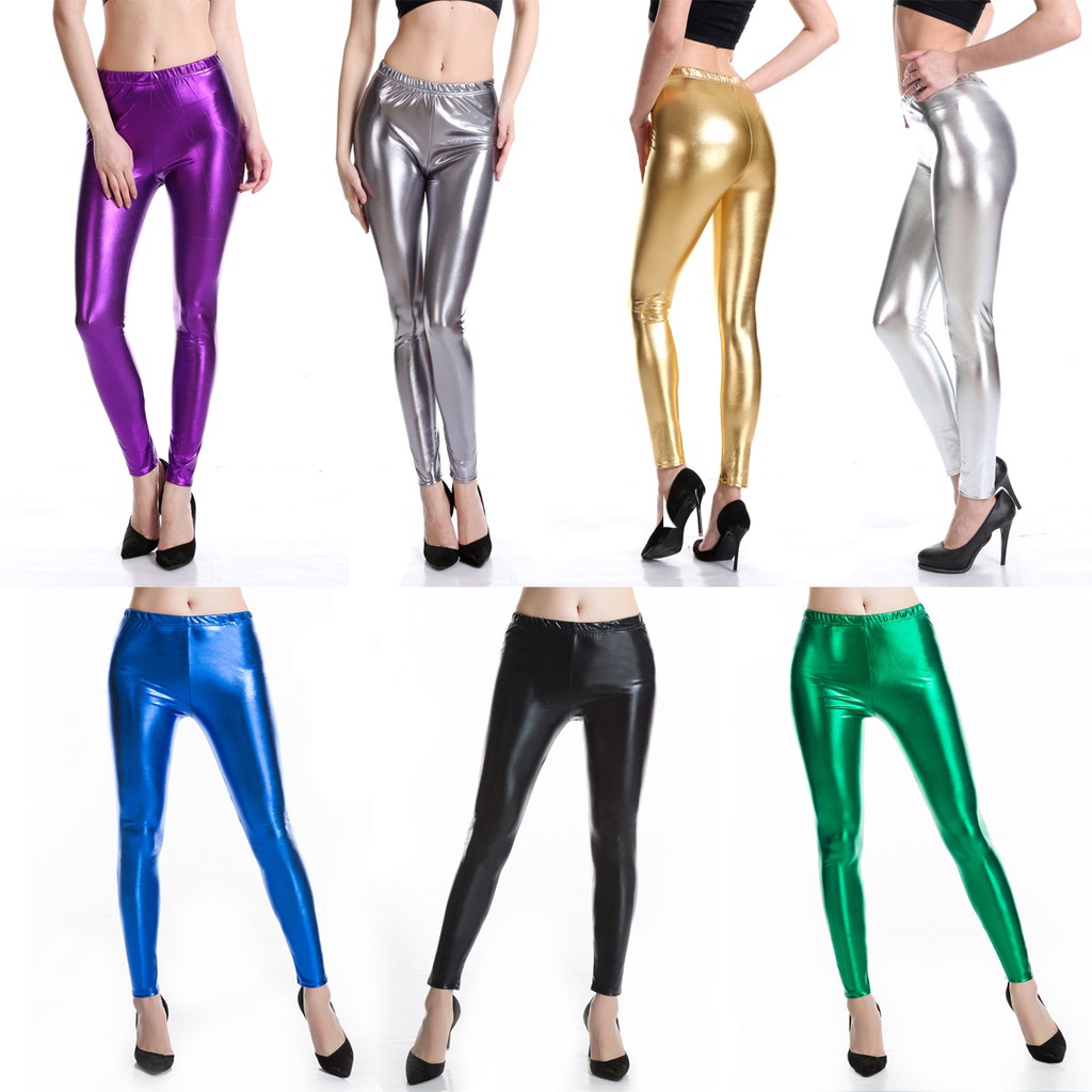 Women Metallic Faux Leather Leggings Shiny Skinny Pants for Dance  Performance