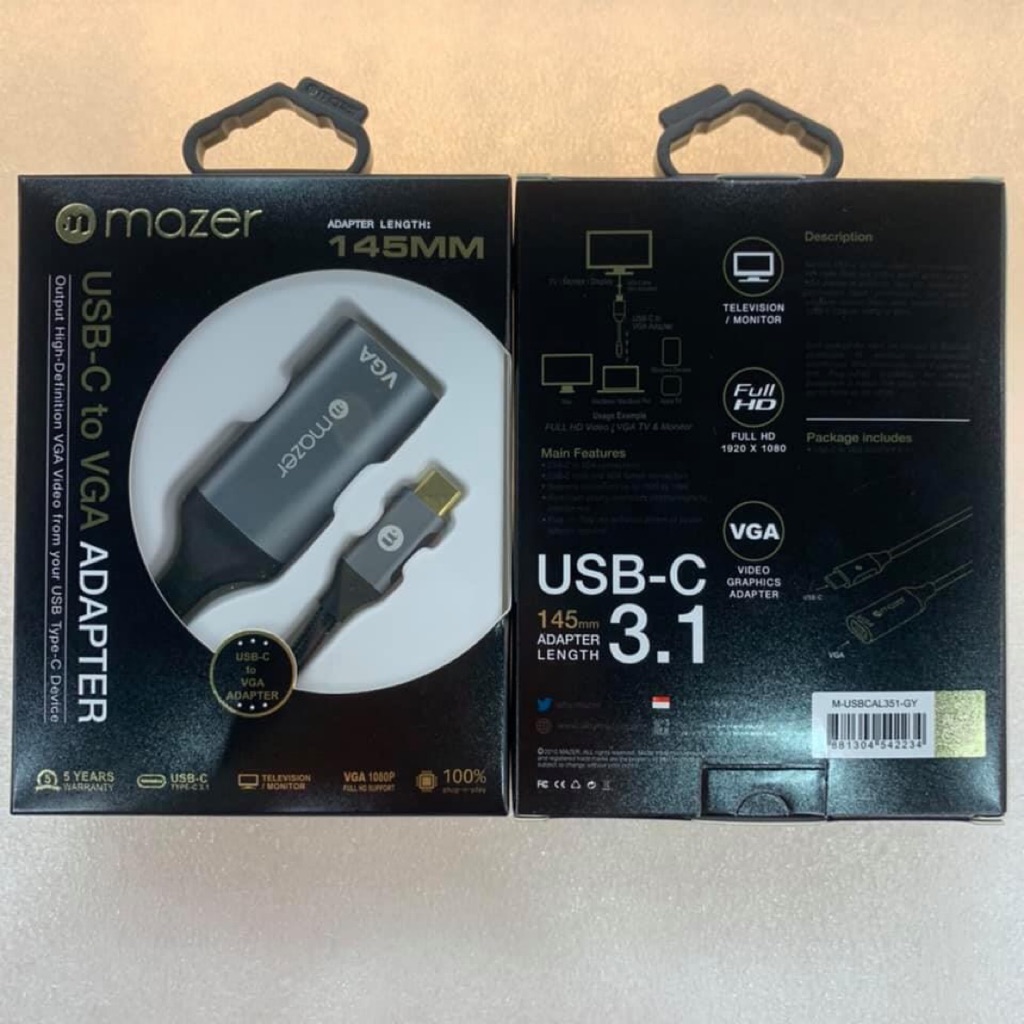 Mazer ALU USB-C to VGA 1080P Adapter, 145mm in Length M-USBCAL351
